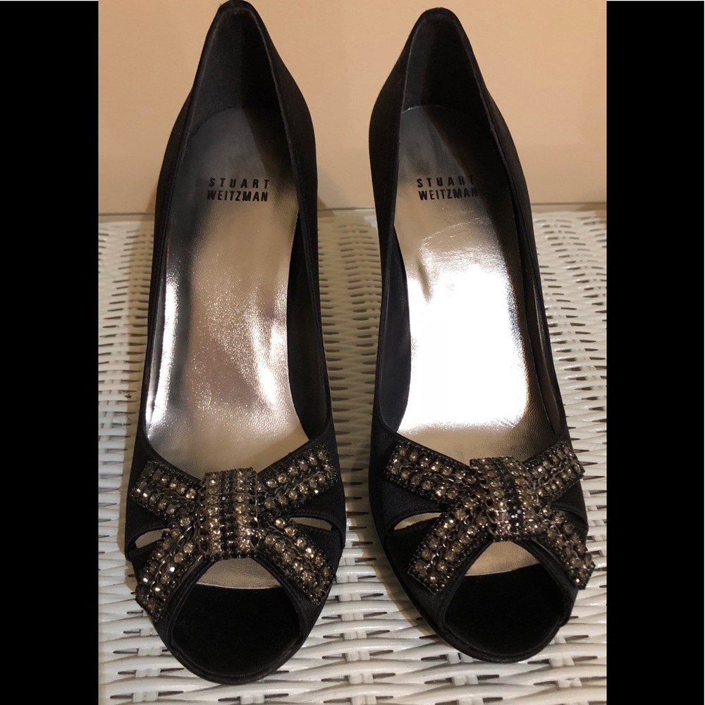 Stuart Weitzman Black Satin Crystal 3 1/2in Heel